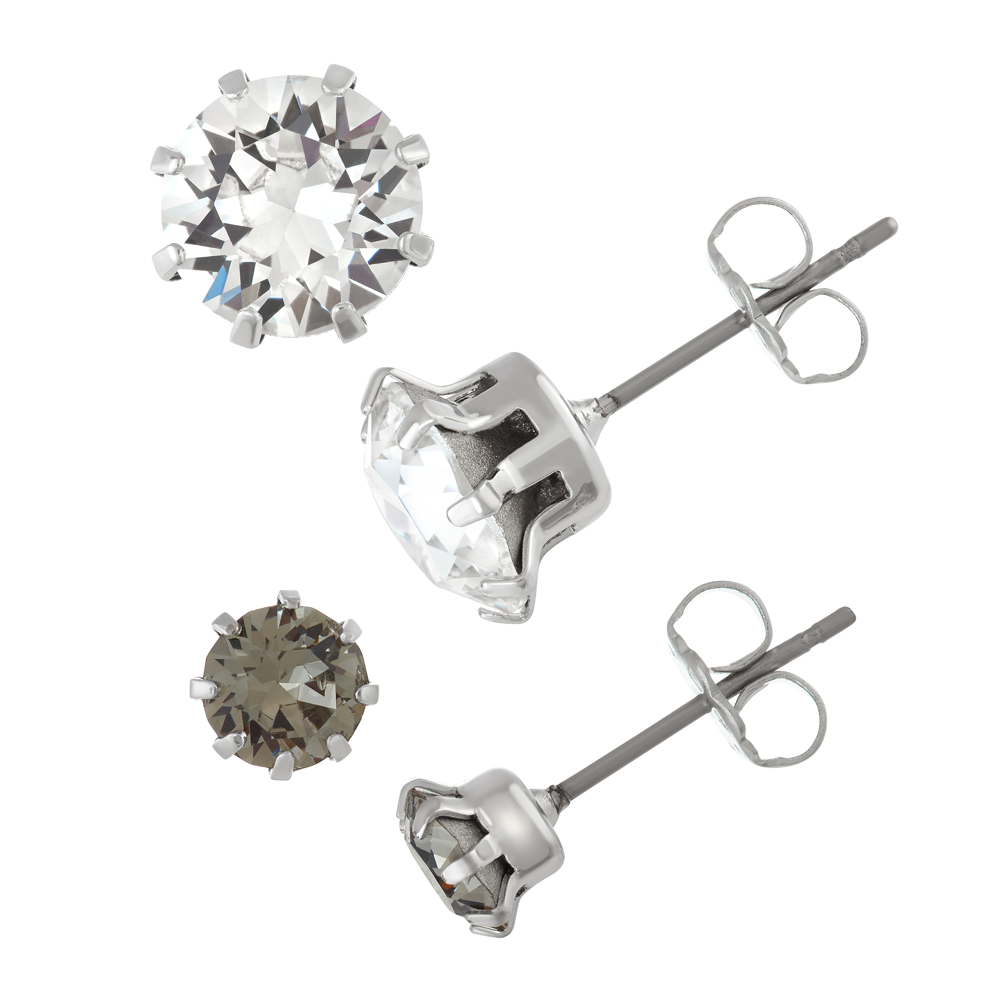 2 Pc. Set Rhodium Plated 5 mm Black Diamond and 8 mm Clear Swarovski Crystal Prong Set Flat Back Stud Earring