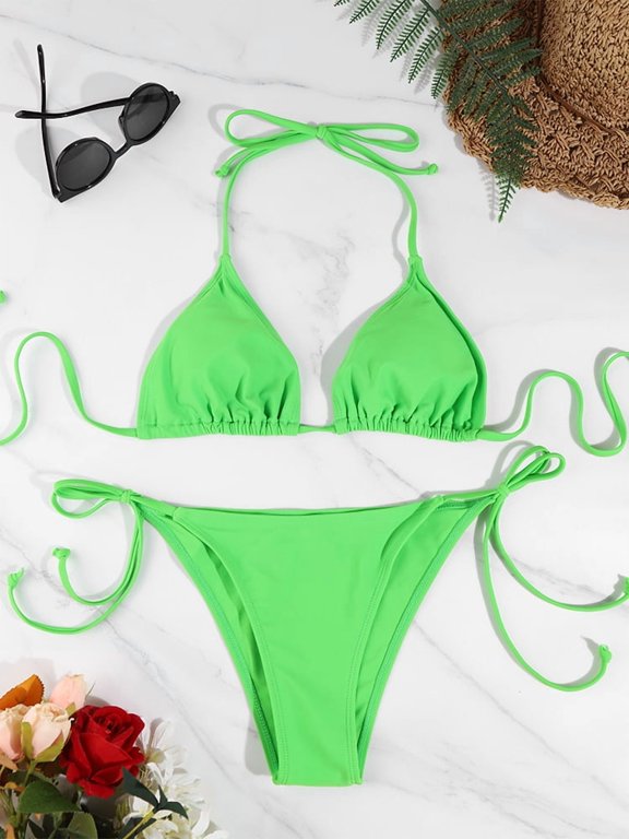 2 Pc Sexy Women Thong Solid Color Bikini Set Side Halter Tie Swimsuit Ladies Split Strap Adjustable Brazilian Swimwear Beachwear