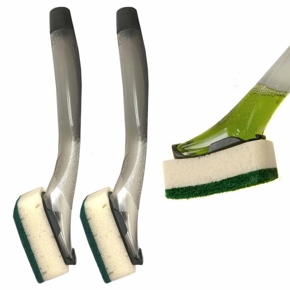 2 Pc Soap Dispenser Scrubber Dish Wand Brush Scrub Refill Wash Pan Pot Kitchen