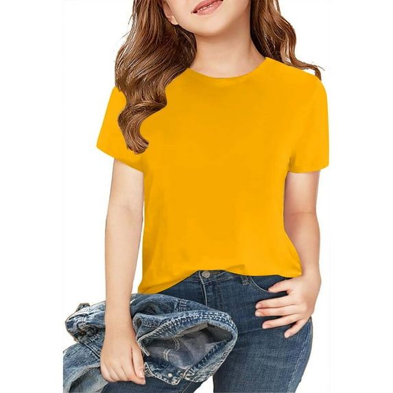2 Pc Solid Color Tees for Kids, Boys Girls Cotton T Shirts, Child Crew Neck Tops Summer Short Sleeve Tees for Teens Yellow 4Y