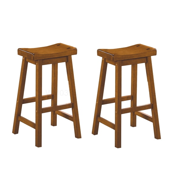 2-Pc Solid Wood Bar Height Stools Set with Comfortable Saddle Seat in Oak Finish