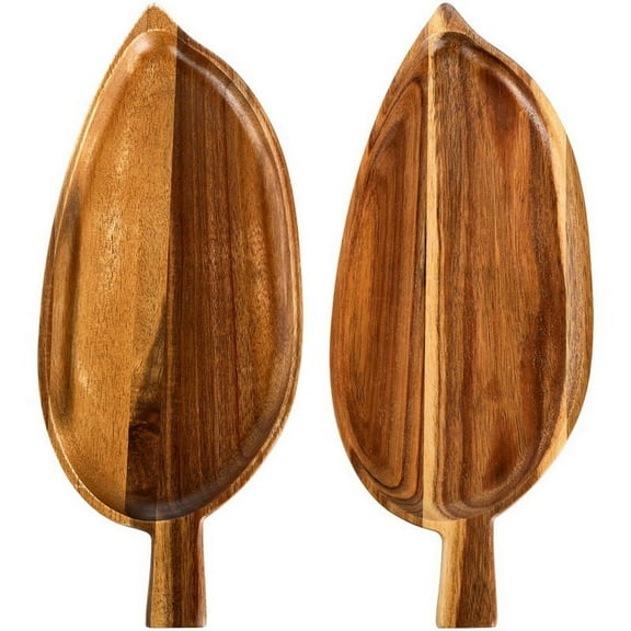 2 Pc Wood Serving Platters,13 Inch X 5.5 Inch Leaf Shaped Food Serving Trays for Entertaining,Small wood
