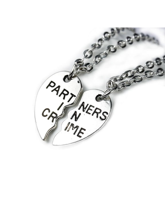 2 Pc " PARTNERS IN CRIME " Link Cable Chain Antique Silver Broken Hearts