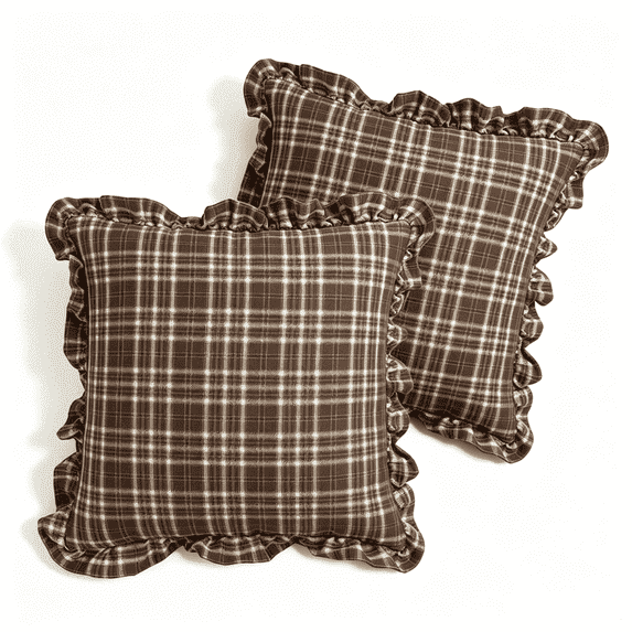 2 Pcak Ruffled Gingham Pillow Covers 18 x 18 Inches,Plaid Ruffle Throw Pillow Cover Farmhouse Brown and White Checkered Pillowcase Shabby Chic Vintage Square Decorative