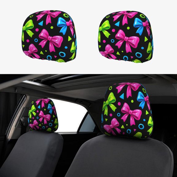 2 Pce Car Headrest Cover 1110.2in With Elastic Easy To Install Anti-Crack Stain Tear Used For Most Car Headrest Bold Neon Contemporary Ribbon Bow Pattern