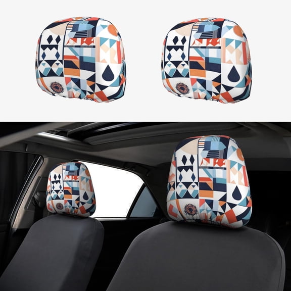 2 Pce Car Headrest Cover 1110.2in With Elastic Easy To Install Anti-Crack Stain Tear Used For Most Car Headrest Aliceblue Geometric Patterns_4