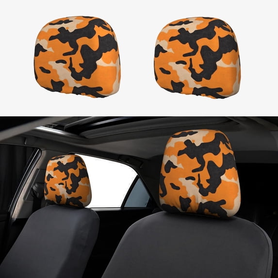 2 Pce Car Headrest Cover 11×10.2in With Elastic Easy To Install Anti-Crack Stain Tear Used For Most Car Headrest Texture Camo Army Orange_4