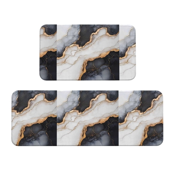 2 Pce Crystal Velvet Kitchen Floor Mat Door Mat 47.217in Water Absorption And Stain Resistance For Laundry Dining Room Office Sink Black White Gold Marble