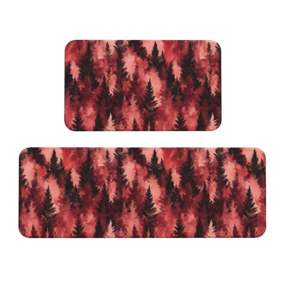 2 Pce Crystal Velvet Kitchen Floor Mat Door Mat 47.217in Water Absorption And Stain Resistance For Laundry Dining Room Office Sink Realistic Forests Camouflage Pattern Conifer Maroon_4