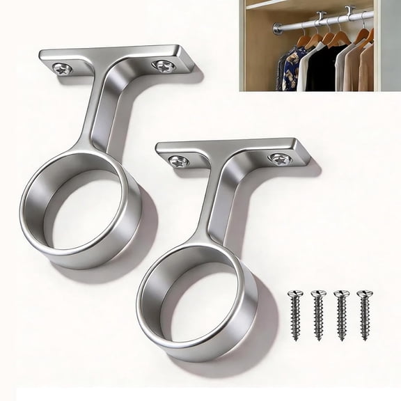 2 Pcs 1 5/16 Inch Diameter Round Wardrobe Closet Rod Suspended Center Support, with 4 Installation Screws, Ceiling Mount Curtain Brackets, Heavy Duty Holder for Home Wardrobe(Silver)