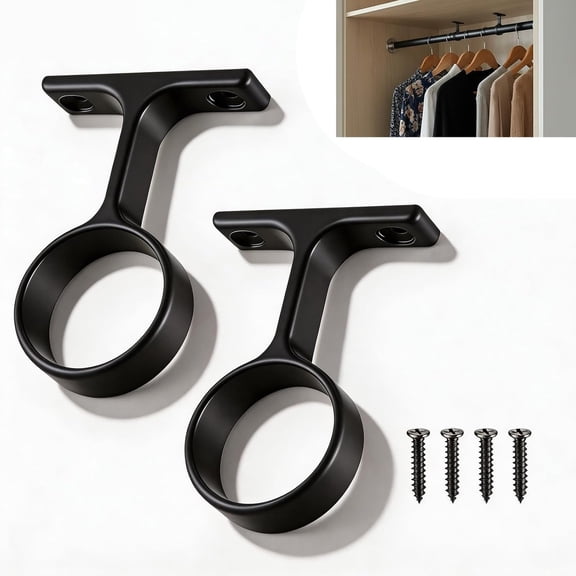 2 Pcs 1 5/16 Inch Diameter Round Wardrobe Closet Rod Suspended Center Support, with 4 Installation Screws, Ceiling Mount Curtain Brackets, Heavy Duty Holder for Home Wardrobe(Black)