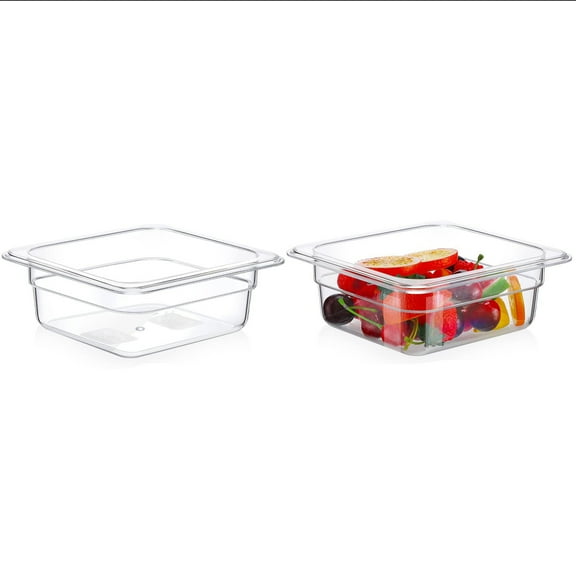 2 Pcs 1/6 Size, 2.6 Inch Deep Food Storage Container, Polycarbonate Plastic, Clear, Cold Pans for Kitchen Restaurant Food Prep, 1 Quart