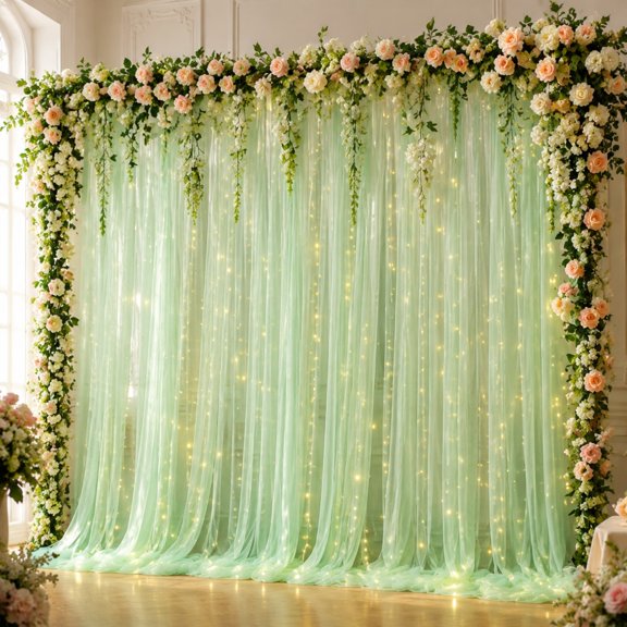 2 Pcs 10 Ft Sage Green Backdrop Curtain with USB String Lights, Sheer Event Drapes for Weddings and Celebrations, Elegant Photo Booth Background for Parties and Receptions
