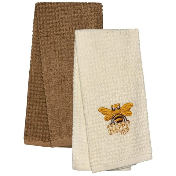 Two pcs, Butterfly with Happy Embroidery and Plain Terry Cotton Kitchen Towel, Super Absorbent, Heavy Duty, Great for Kitchen, or Household Size: 15 x 25.