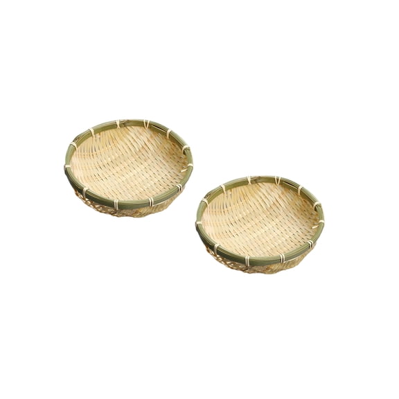 2 Pcs 100% Handmade Woven Bamboo Flat Tray, for Fruit Basket Shallow Snack Holder Food Container for Dinning Kitchen Table Perfect Decor, Delicate Weaved Serving Tray. (Medium*2)