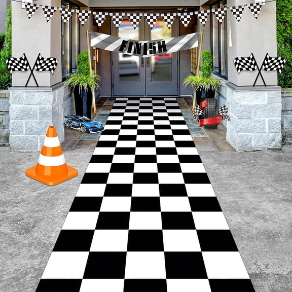 2 Pcs 10ft Running Racer Party Decoration Long Racetrack Floor Race Track Rug Checkered Pattern Polyester Aisle Runner for Party Decorations Table Cover Supplies Machine Washable