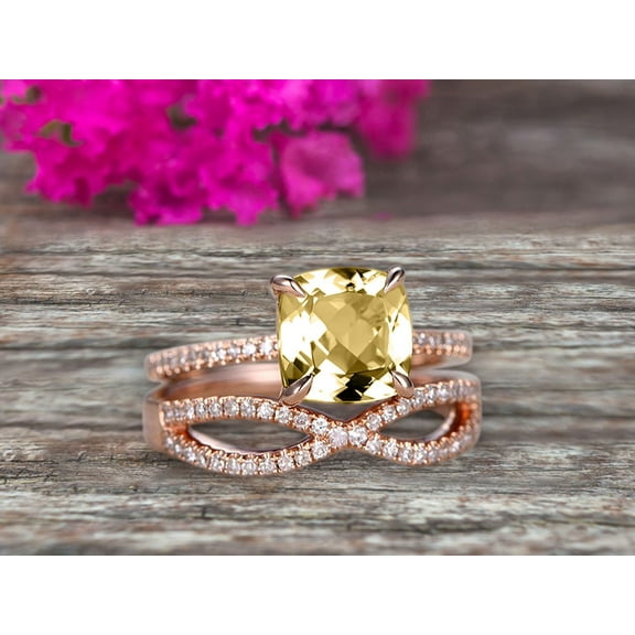 2 Pcs 10k Rose Gold 2.55 Carat 7mm Cushion Cut Champagne Diamond Moissanite Engagement Ring Set Solid 10k Rose Gold Bridal Set Custom Made Flaming Jewelry Twisted Across Matching Band