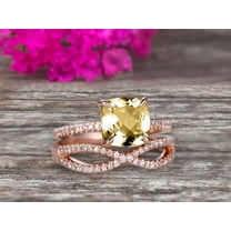 2 Pcs 10k Rose Gold 2.55 Carat 7mm Cushion Cut Champagne Diamond Moissanite Engagement Ring Set Solid 10k Rose Gold Bridal Set Custom Made Flaming Jewelry Twisted Across Matching Band