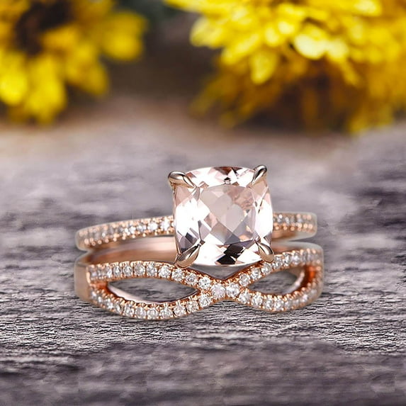 2 Pcs 10k Rose Gold 2.55 Carat 7mm Cushion Cut Morganite Engagement Ring Set Solid 10k rose gold Bridal set Custom Made Flaming Jewelry Twisted Across Matching Band