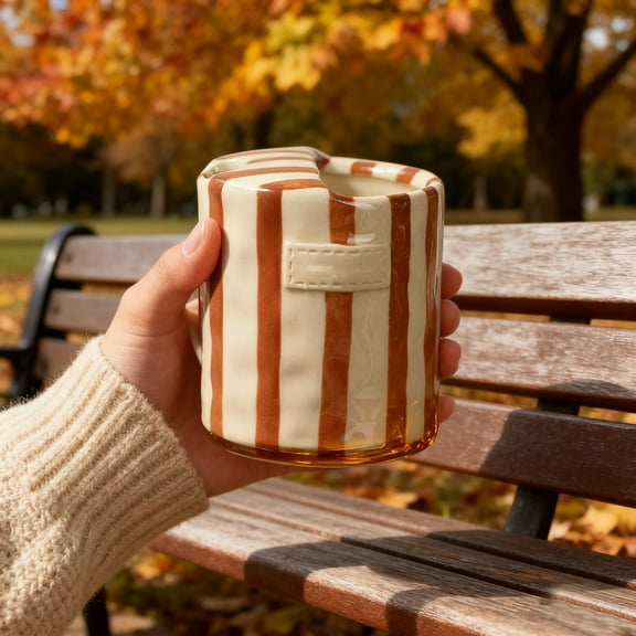 2 Pcs 10oz Ceramic Coffee Mug, Hand-Painted Striped Art Espresso Cup, Multi-Purpose Porcelain Cup for Kitchen Dining Home Decor Brown