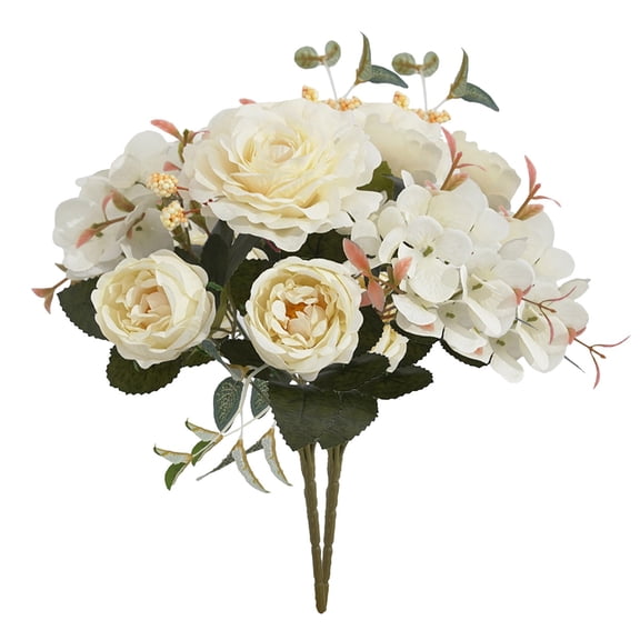 2 Pcs 11.4" Compact Artificial Flowers Bouquet, Silk Roses Hydrangea Bundle with Eucalyptus Leaves Berries for Table Centerpiece Home Decor, Classic Cream White