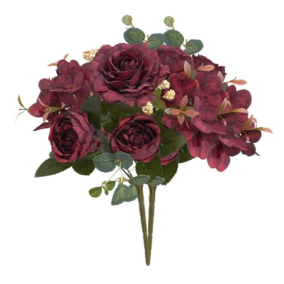2 Pcs 11.4" Compact Artificial Flowers Bouquet, Silk Roses Hydrangea Bundle with Eucalyptus Leaves Berries for Table Centerpiece Home Decor, Elegant Burgundy Red