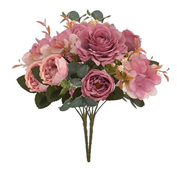 2 Pcs 11.4" Compact Artificial Flowers Bouquet, Silk Roses Hydrangea Bundle with Eucalyptus Leaves Berries for Table Centerpiece Home Decor, Muted Dusty Rose