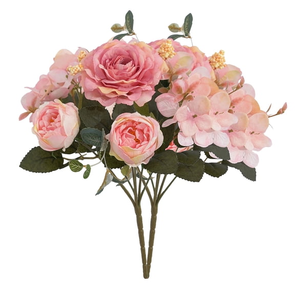 2 Pcs 11.4" Compact Artificial Flowers Bouquet, Silk Roses Hydrangea Bundle with Eucalyptus Leaves Berries for Table Centerpiece Home Decor, Soft Blush Pink