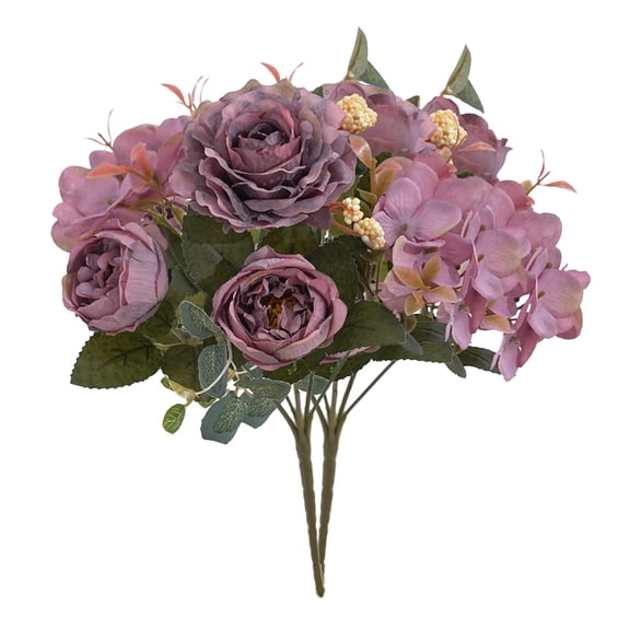 2 Pcs 11.4" Compact Artificial Flowers Bouquet, Silk Roses Hydrangea Bundle with Eucalyptus Leaves Berries for Table Centerpiece Home Decor, Vintage Dusty Purple