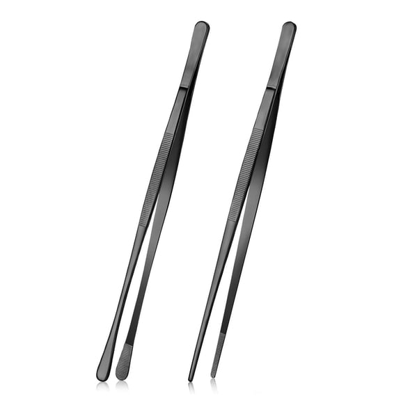 2 Pcs 11.8-inch Cooking Tweezers Tongs Precision Serrated Tips, Stainless Steel Professional Chef Tweezer Kitchen Tools for BBQ, Plating and Serving (Black)