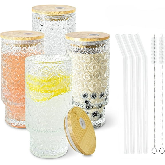 2 Pcs 11 oz Drinking Glasses Cups Set with Bamboo Lids Straws Brush Hobnail Small Drinking Glassware Set for Juice Iced Coffee Beer Cocktail Whiskey(Hobnail*2)