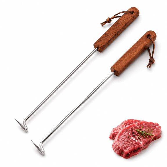 2 Pcs 12 & 17 Inch Meat Turner Hooks,Stainless Steel BBQ Meat Turner Hook,Roast Hook with Wooden Handle,BBQ Skewer Hook for Grilling,Grill Accessories for Baking & Grilling (Silver)