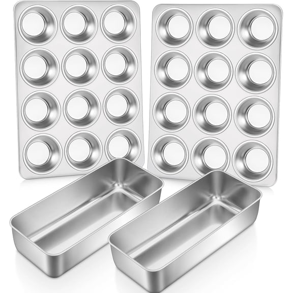2 Pcs 12-Cup Muffin Pans and 2 Pcs 12 x 5 Inch Loaf Pans, Stainless Steel Bread Loaf Pan Tins and Muffin Tin Tray for Baking