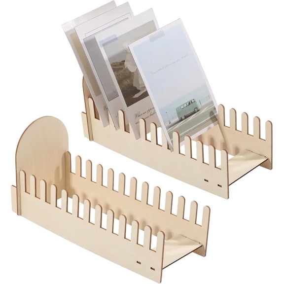 2 Pcs 12 Slot Wooden Greeting Card Display 10.6x5.56In Stand Postcard Tiered Display Stand Sticker Display Stand
