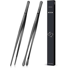 FGLHS 2 Pcs 12-inch Cooking Tweezers Tongs Precision Serrated Tips, Stainless Steel Professional Chef Tweezer Kitchen Tools for BBQ, Plating and Serving, Black