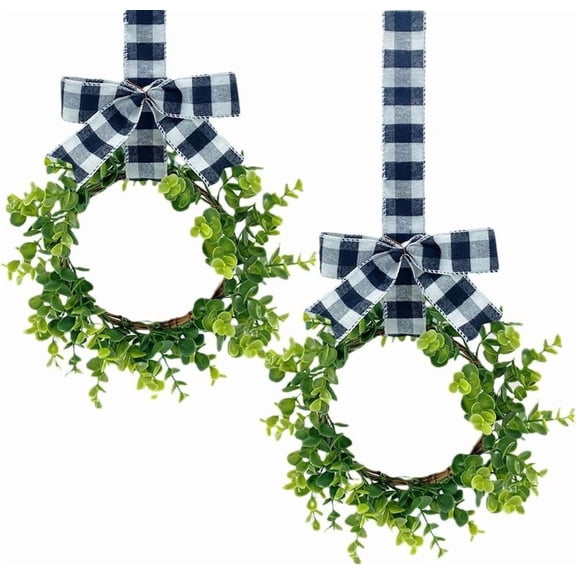 2 Pcs 12inch Mini Boxwood Wreaths Artificial Spring Summer Greenery Wreath for Front Door Farmhouse Kitchen Cabinet Wreaths with Burlap Ribbon for Porch Wall Window Decor
