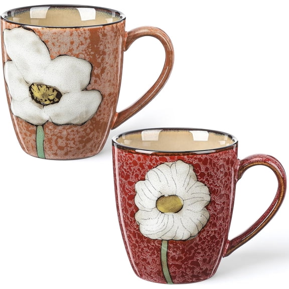 2 Pcs 12oz Ceramic Coffee Mugs Sets Glazing Process Cappuccino Mug Floral Ceramic Tea Cups Idea Gift Set for Women Porcelain Cup for Coffee, Cocoa, Tea, Latte (Retro) (Vintage)