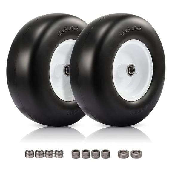 2 Pcs 13x5.00-6 Flat Free Tire and Wheel with 1/2" 3/4" 5/8" Precision Bearings with 3.25"-6.85" Centered Hub, 13x5x6 Lawn Mower Tires for Residential and , Zero Turn Mower Front Tires