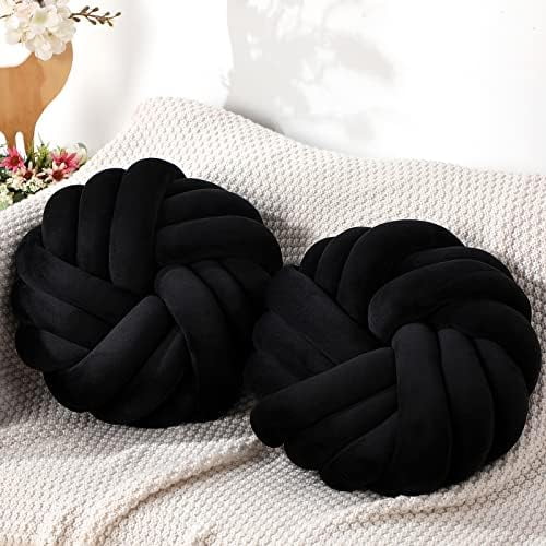 2 Pcs 14 Inches Knot Pillow Round Throw Soft Plush Knot Ball Pillow Handmade Knotted Modern Home Decorative Cushion for Bed Bedroom, Sofa, Couch (Black)