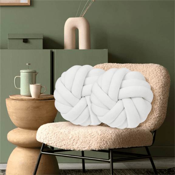 2 Pcs 14 Inches Knot Pillow Round Throw Soft Plush Knot Ball Pillow Handmade Knotted Modern Home Decorative Cushion for Bed Bedroom, Sofa, Couch (White)