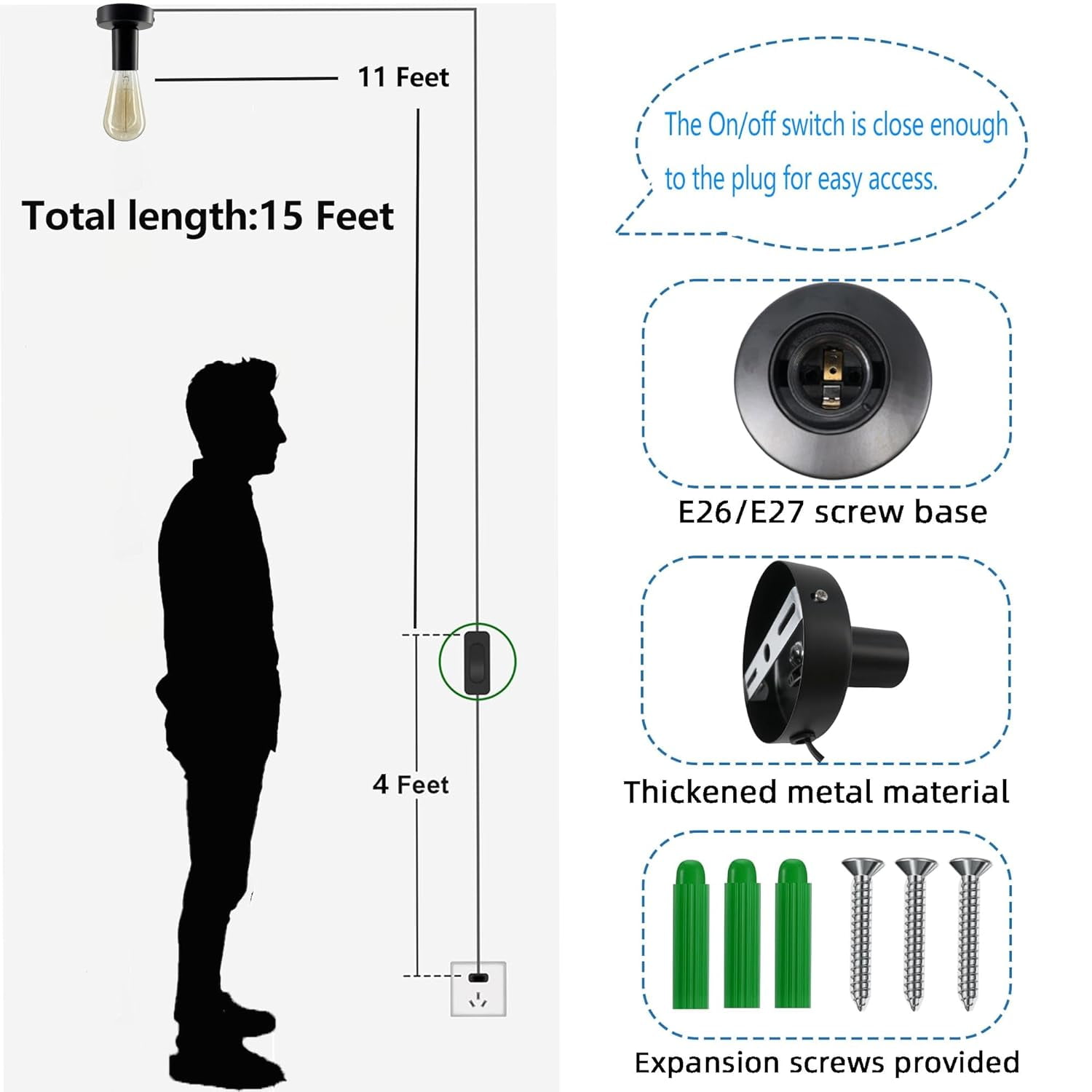 2 Pcs 15 Feet Black Light Socket with Cord Light Bulb Base E26/ E27 ...