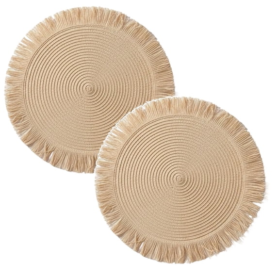 2 Pcs 15" Natural Rustic Burlap Jute Placemat, Boho Round Paper Placemats, Rustic Woven Fade-Safe Tablemats,Braided Placemats for Home, Cafe or Events
