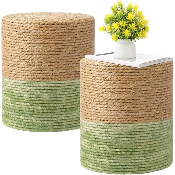 2 Pcs 15'' Ottoman Pouf Natural Seagrass Braided Poof Hand Weaving Round Ottomans Boho Footrest Stool for Home Living Room Bedroom Patio(Natural and Green)