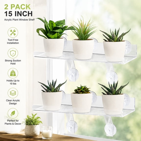 2 Pcs 15in Acrylic Plant Window Shelf with Bracket and Suction Cup, Transparent Floating Sill Extender for Succulents and Small Plants