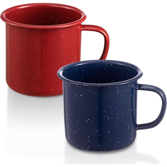 2 Pcs 16 oz Enamel Mugs Outdoor Camping Coffee Cups for Hot Cold Beverages Durable for Home, Travel, Beach (Red, Blue)