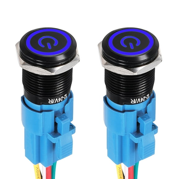 2 Pcs 16mm Push Button Switch, IP66 1NO1NC 12-24V 3A Momentary Latching Push Button Starter Light on Off Switch Self-locking with Blue Light Switch, Aluminum Alloy Flat Head Black