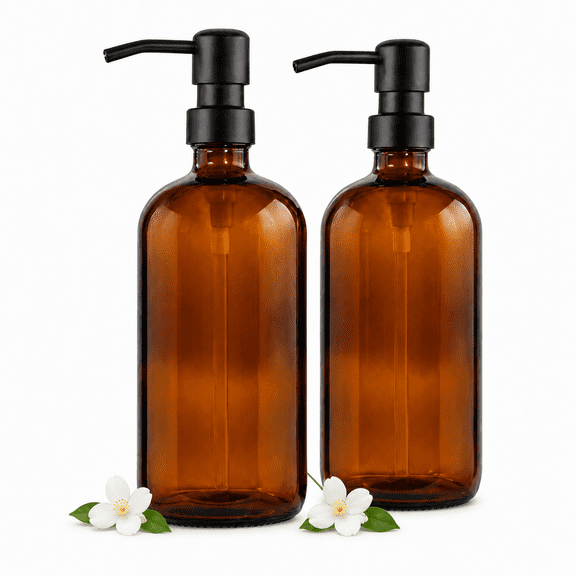 2 Pcs 16oz Amber Boston Round Glass Soap Dispenser with Matte Black Stainless Steel Pump, Refillable Liquid Bottle, Rustproof Pump for Lotion, Essential Oil, Hand Soap, Dish Soap, Kitchen & Bathroom