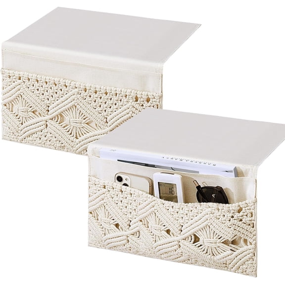2 Pcs 17.3 x 13 Inch Macrame Bedside Caddy Storage Organizer Hanging Boho Remote Control Holder Bedside Storage Basket for Home Couch Tablet Magazine Holder for TV Remote Control Living Room