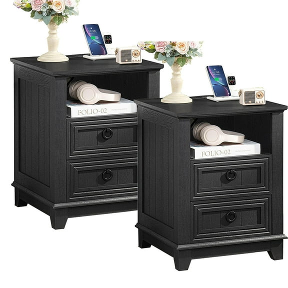 2 Pcs 18" Farmhouse End Table for Living Room, Rustic Wooden Nightstand with Charging Station for Bedroom,Black