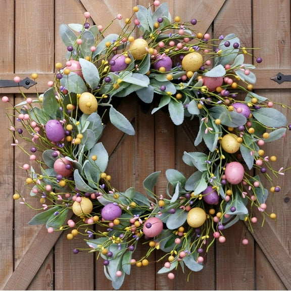 2 Pcs 18 Inch Spring Easter Colorful Eggs Eucalyptus Leaves for Front Door, Eggs Berries Wreath with Artificial Green Leaves for Inside and Outside, Summer Spring Home Decor Wreath